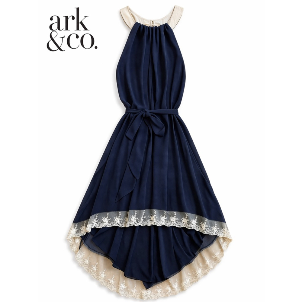 Ark & Co. Smoky Blue High Low Lace Trim Halter Dress Tie Waist Romantic - Picture 2 of 12